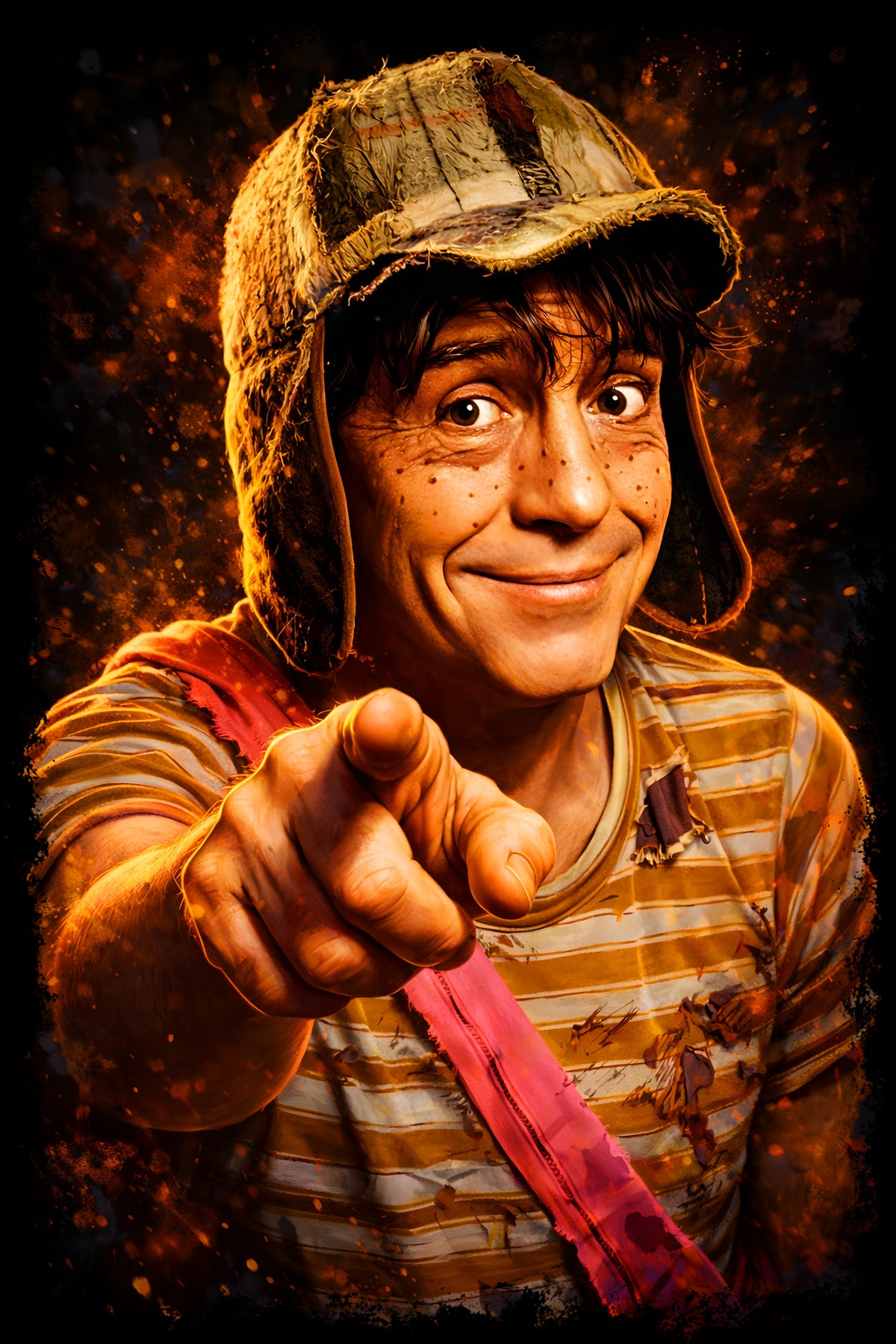 Pointing Boy in Plaid Earflap Cap - Halftone DTF transfer - Prints best on darks
