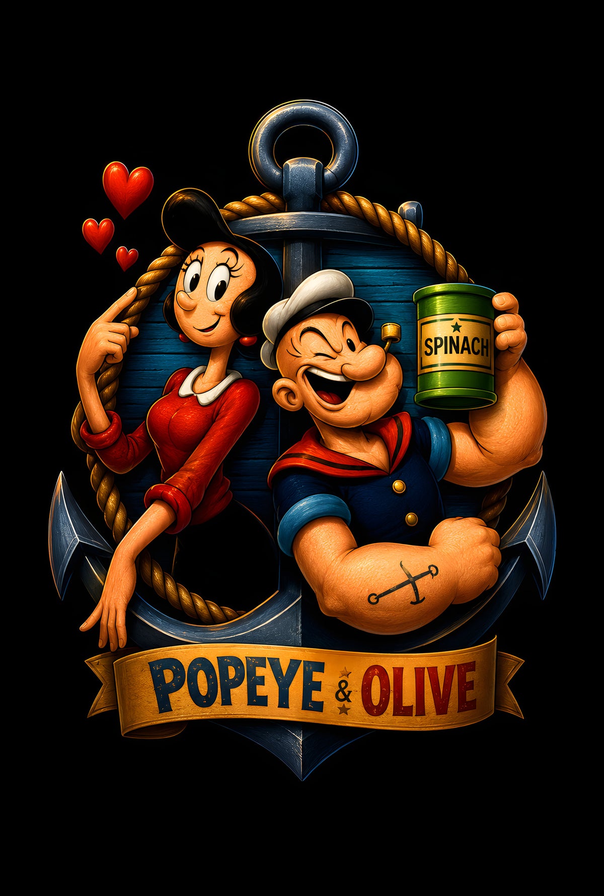 Popeye and Olive - Halftone DTF transfer - Prints best on darks