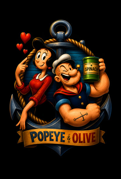 Popeye and Olive - Halftone DTF transfer - Prints best on darks