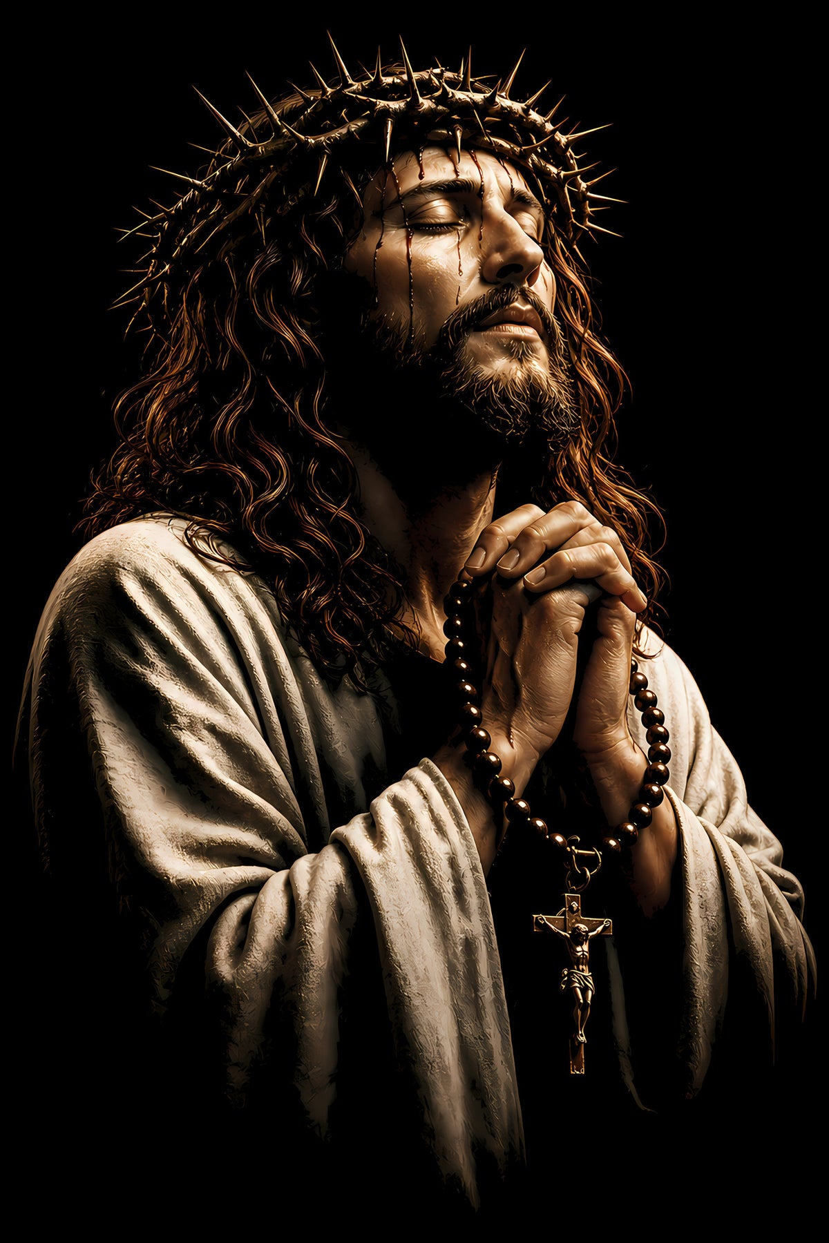 Praying Christ with Crown of Thorns - Halftone DTF transfer - Prints best on darks