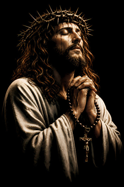 Praying Christ with Crown of Thorns - Halftone DTF transfer - Prints best on darks