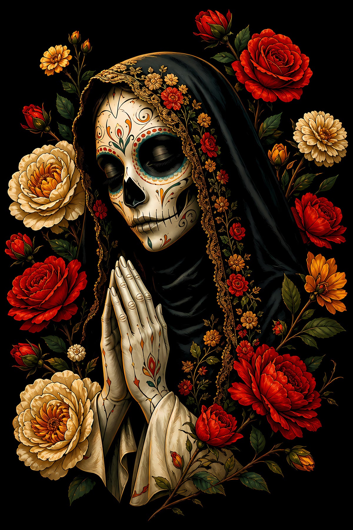 Praying Sugar Skull Woman and Flowers - Halftone DTF transfer - Prints best on darks