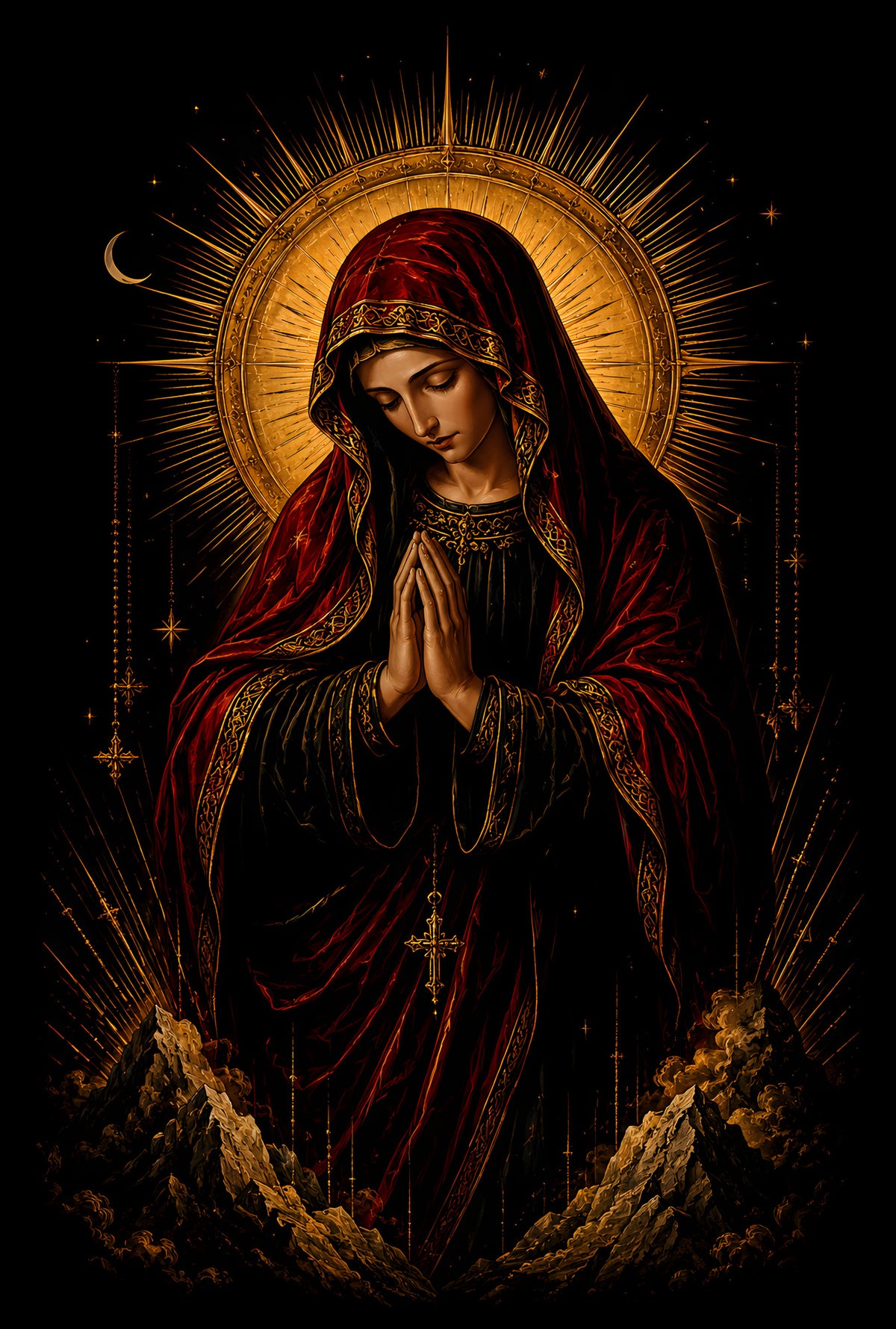 Praying Virgin Mary - Halftone DTF transfer - Prints best on darks