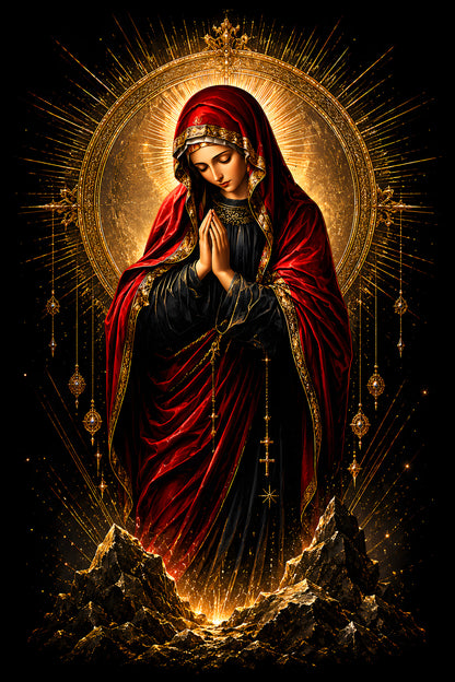 Praying Virgin Mary in Red - Halftone DTF transfer - Prints best on darks