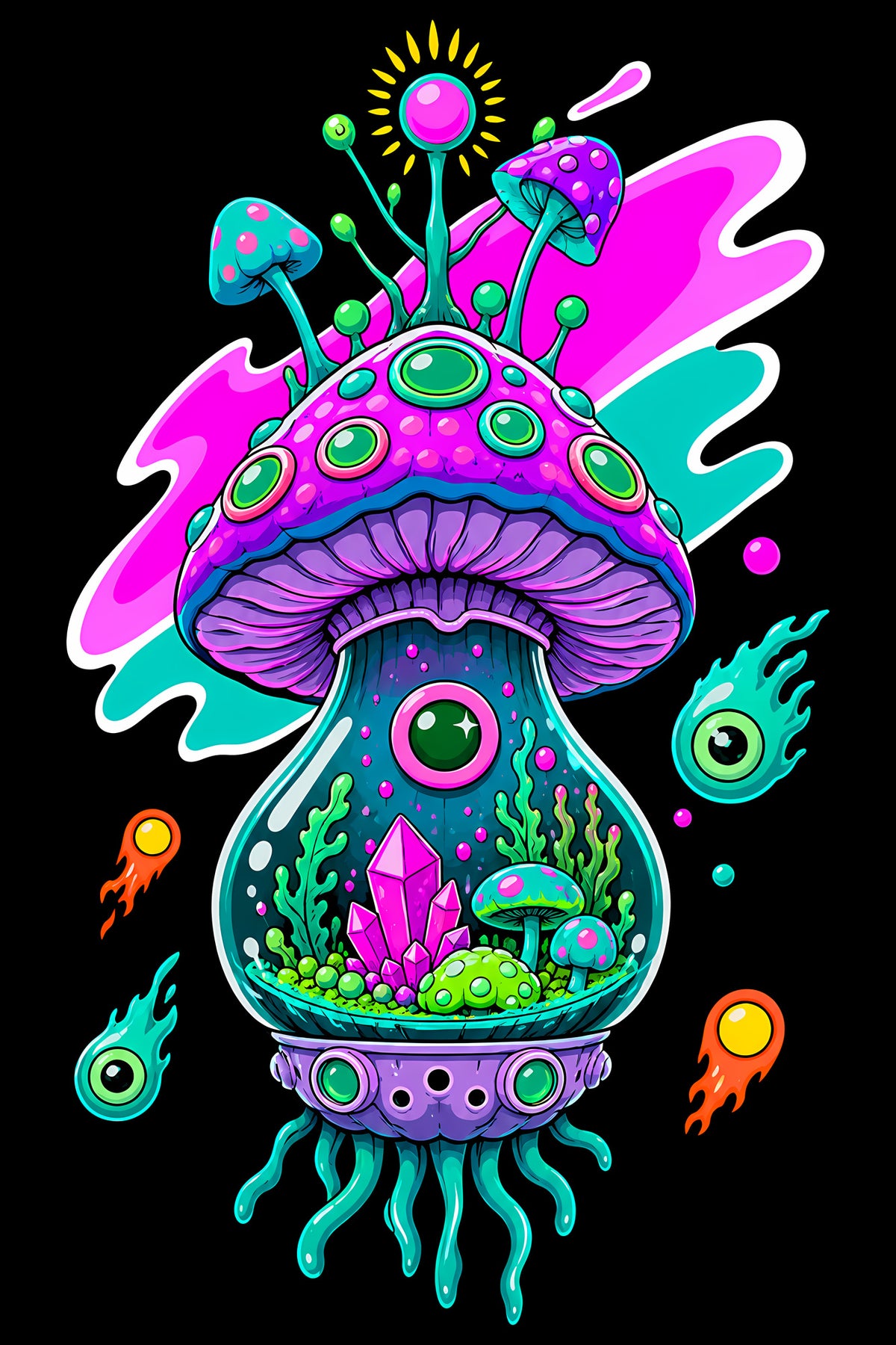 Psychedelic Mushroom Terrarium - Halftone DTF transfer - Prints best on darks