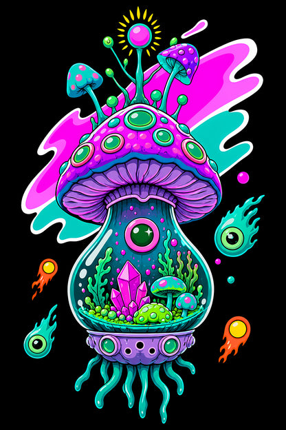 Psychedelic Mushroom Terrarium - Halftone DTF transfer - Prints best on darks