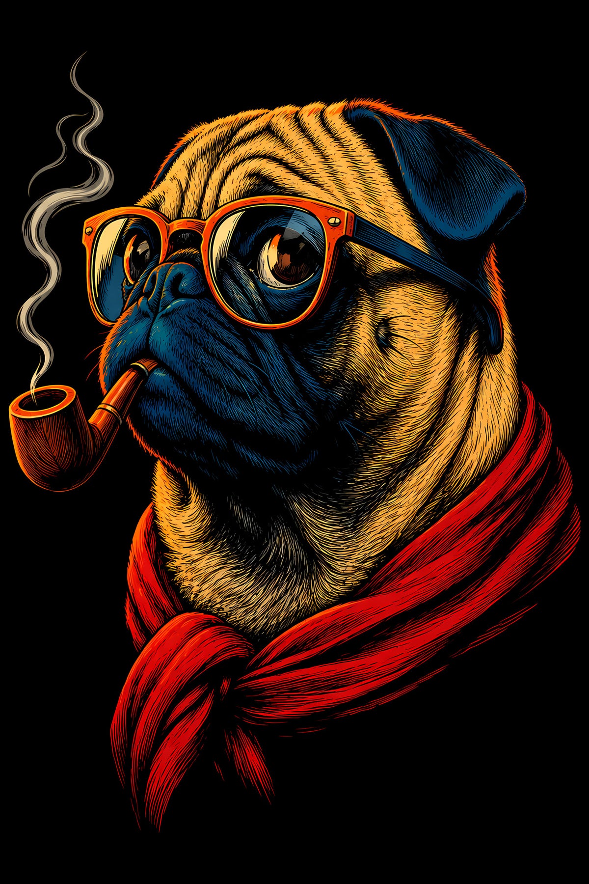 Pug with Glasses and Pipe - Halftone DTF transfer - Prints best on darks