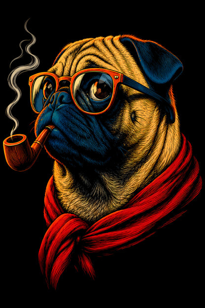 Pug with Glasses and Pipe - Halftone DTF transfer - Prints best on darks