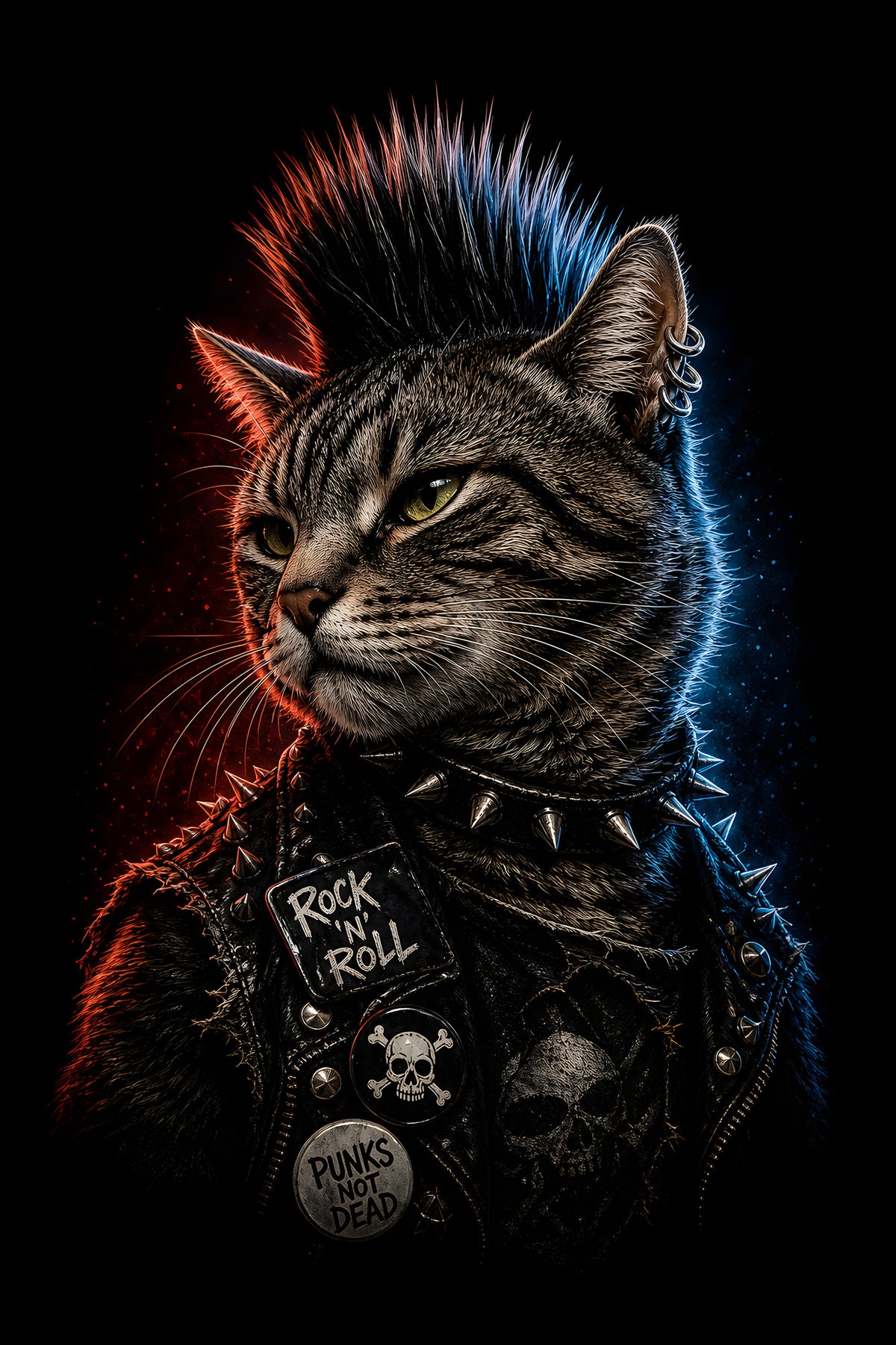 Punk Rock Cat with Mohawk - Halftone DTF transfer - Prints best on darks