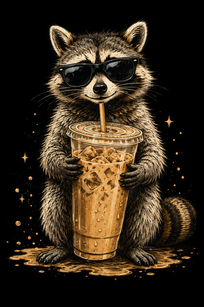 Raccoon with Iced Coffee - Halftone DTF transfer - Prints best on darks