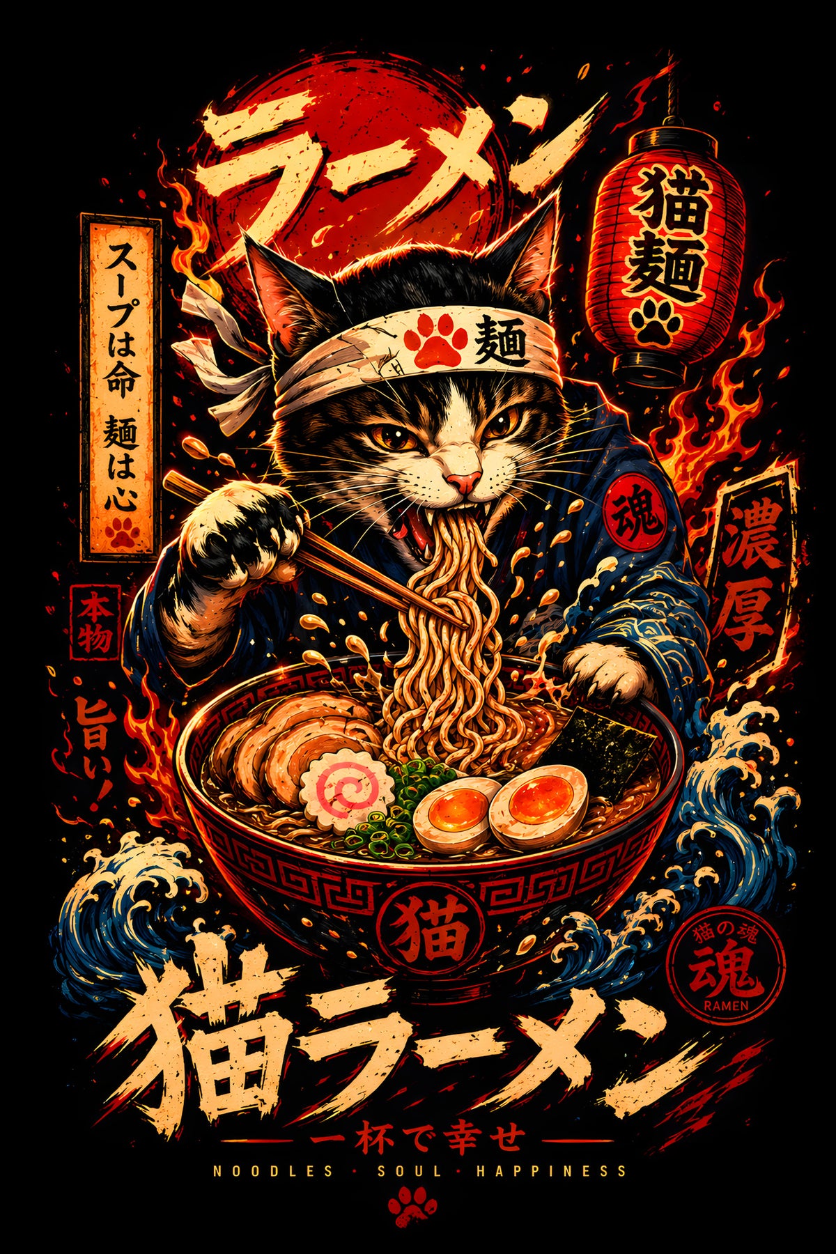 Ramen Cat - Halftone DTF transfer - Prints best on darks