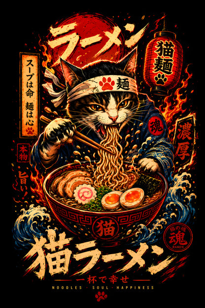 Ramen Cat - Halftone DTF transfer - Prints best on darks