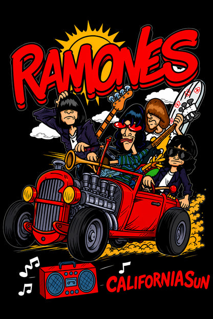 Ramones California Sun Cartoon Hot Rod - Halftone DTF transfer - Prints best on darks