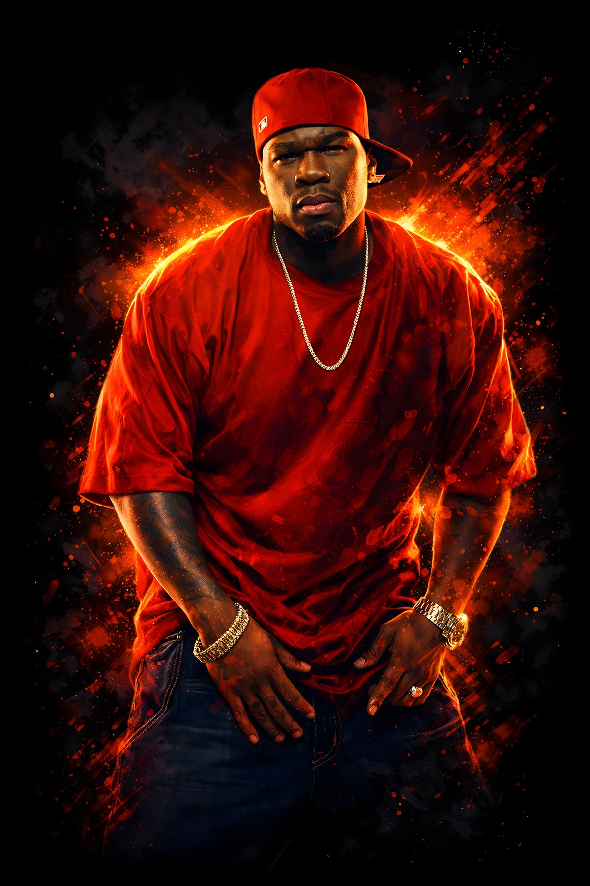 Rapper in Red Shirt and Cap - Halftone DTF transfer - Prints best on darks