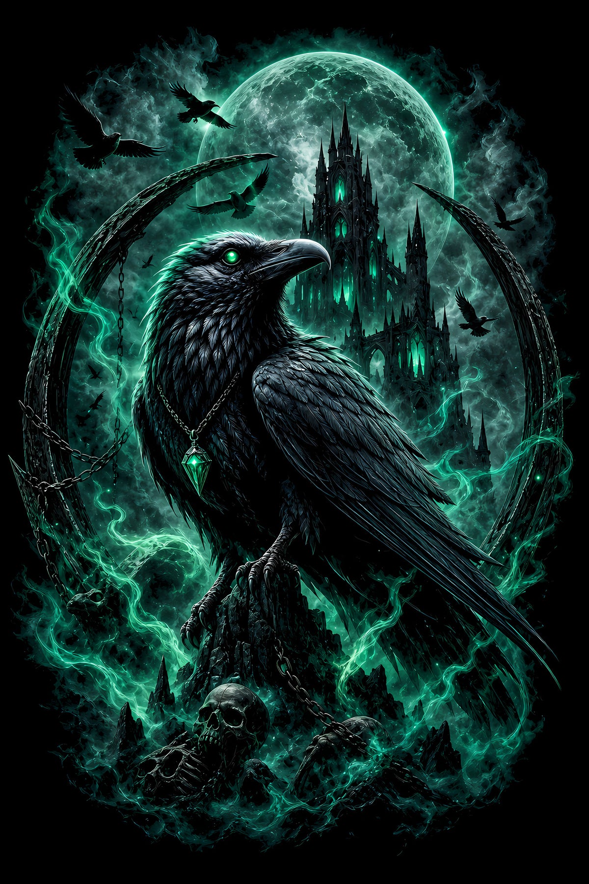 Raven and Gothic Castle - Halftone DTF transfer - Prints best on darks