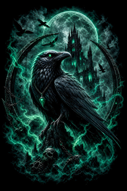 Raven and Gothic Castle - Halftone DTF transfer - Prints best on darks