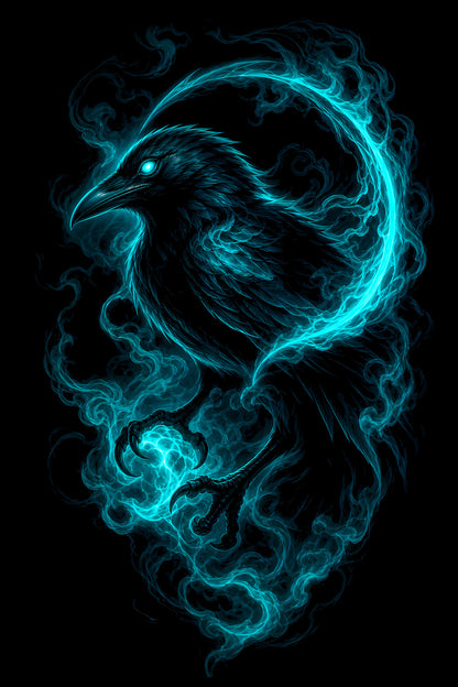 Raven in Blue Spirit Smoke - Halftone DTF transfer - Prints best on darks