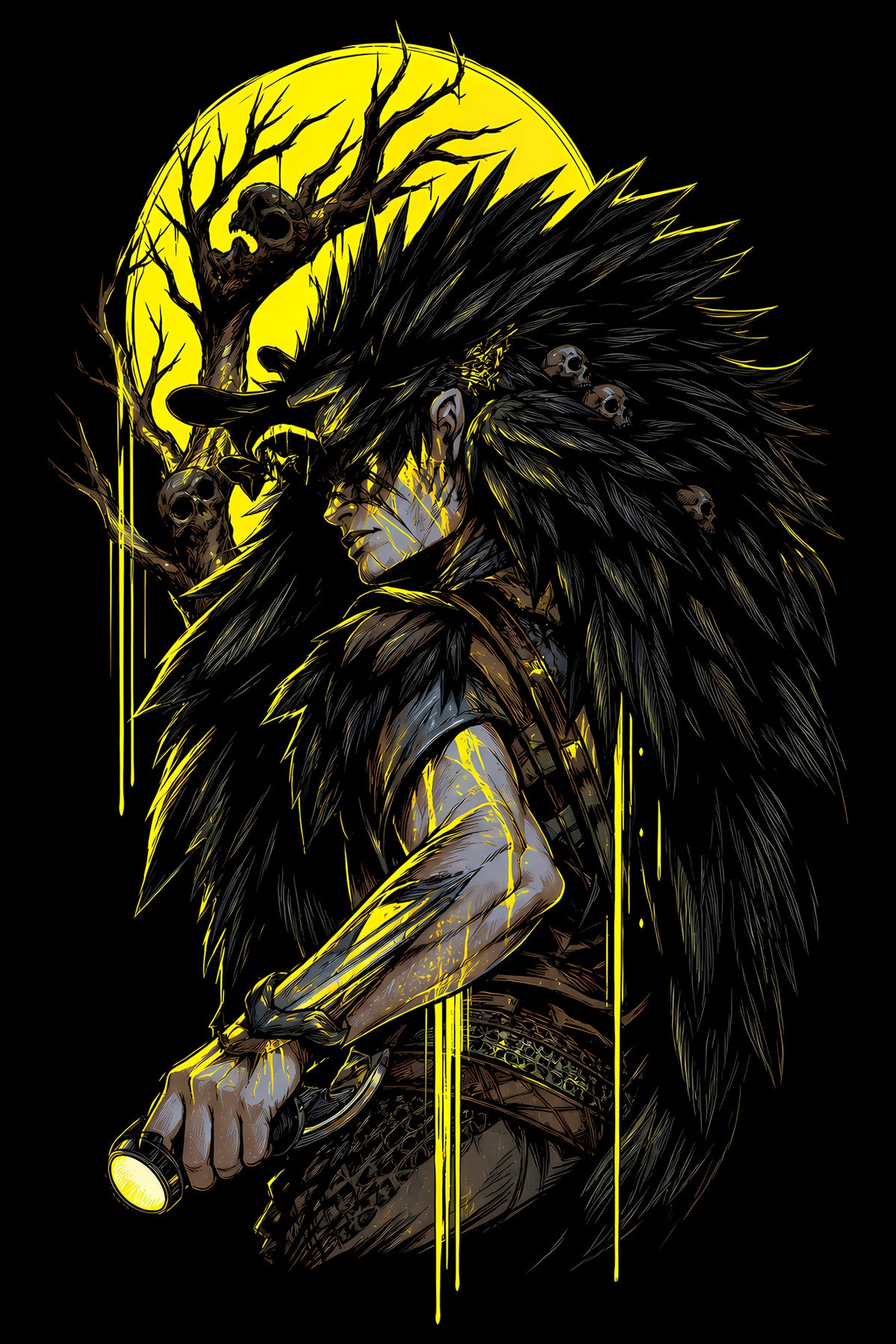 Raven Warrior with Yellow Moon - Halftone DTF transfer - Prints best on darks