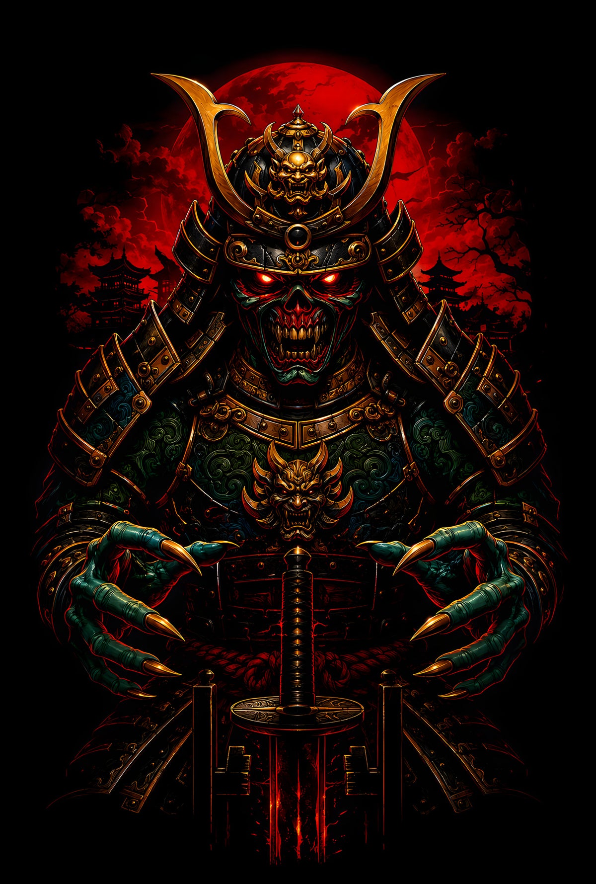 Red and Gold Samurai - Halftone DTF transfer - Prints best on darks