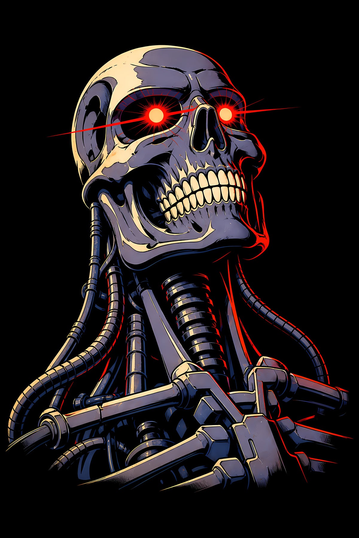 Red-Eyed Cyborg Skeleton - Halftone DTF transfer - Prints best on darks