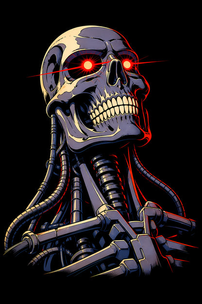 Red-Eyed Cyborg Skeleton - Halftone DTF transfer - Prints best on darks