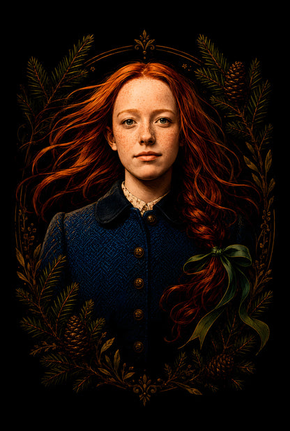 Red-Haired Woman among Forest Leaves - Halftone DTF transfer - Prints best on darks