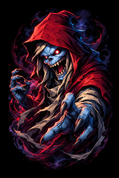 Red-hooded blue ghoul halftone DTF transfer design on a black background