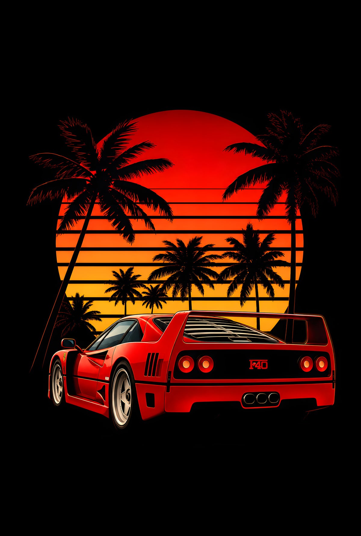 Red Supercar and Retro Sunset - Halftone DTF transfer - Prints best on darks
