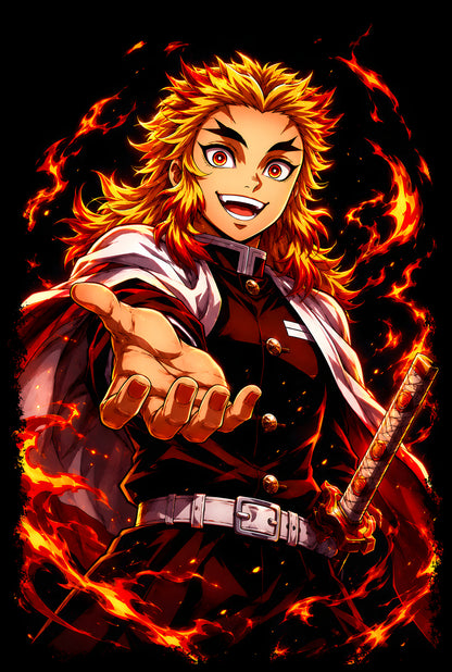 Rengoku Flame Swordsman - Halftone DTF transfer - Prints best on darks
