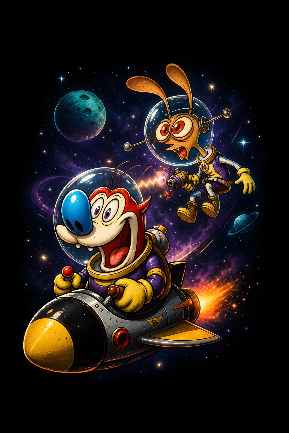 Renn and Stimpyy Space Adventure - Halftone DTF transfer - Prints best on darks