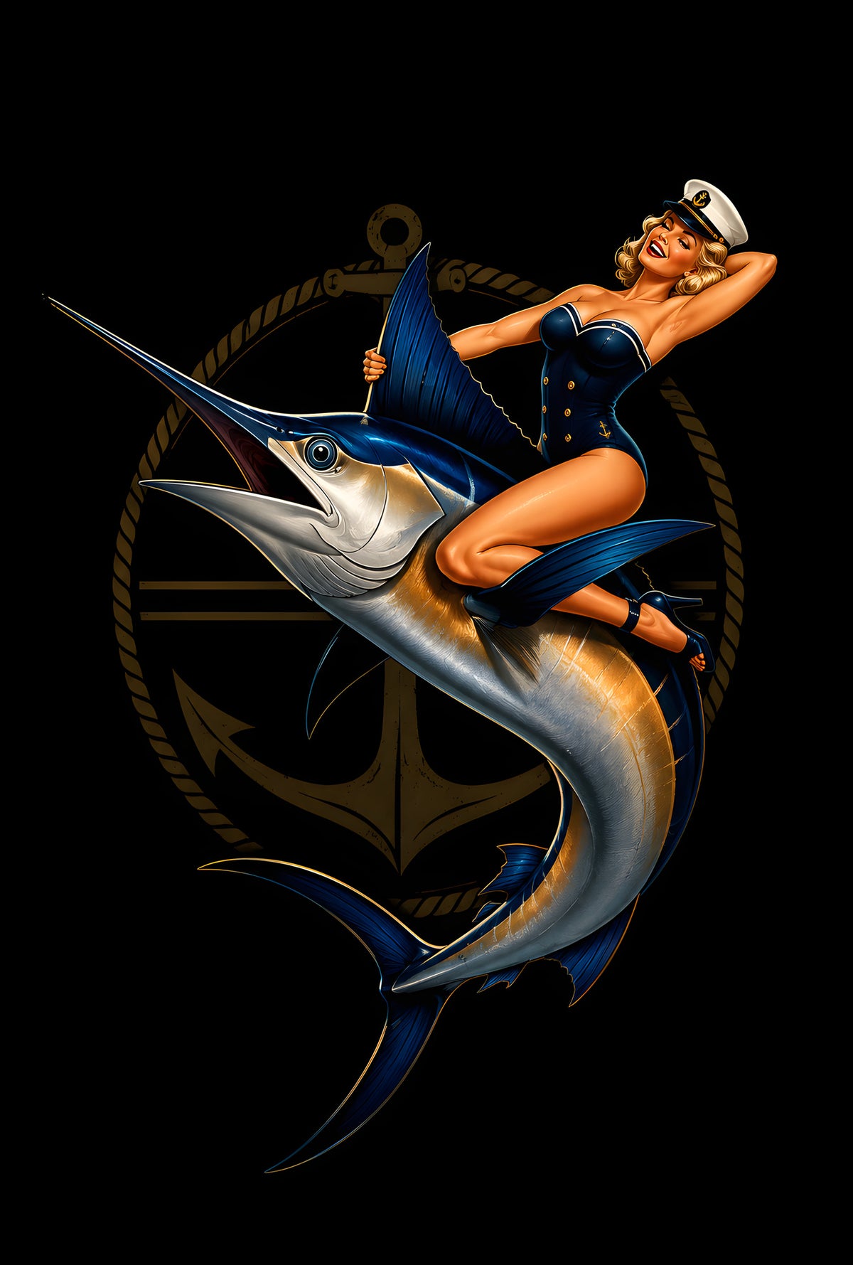 Retro Sailor Pin-Up Riding Marlin - Halftone DTF transfer - Prints best on darks