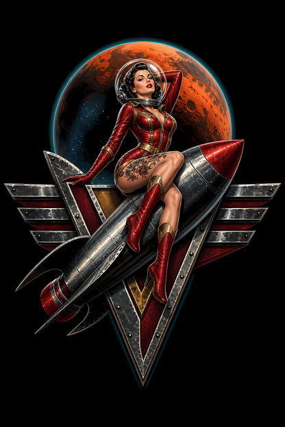 Retro Space Pin-Up on Rocket - Halftone DTF transfer - Prints best on darks