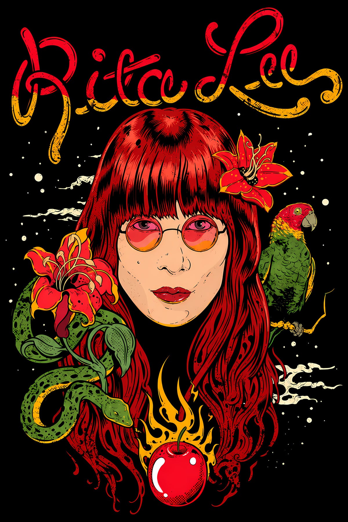 Rita Lee Floral Portrait - Halftone DTF transfer - Prints best on darks