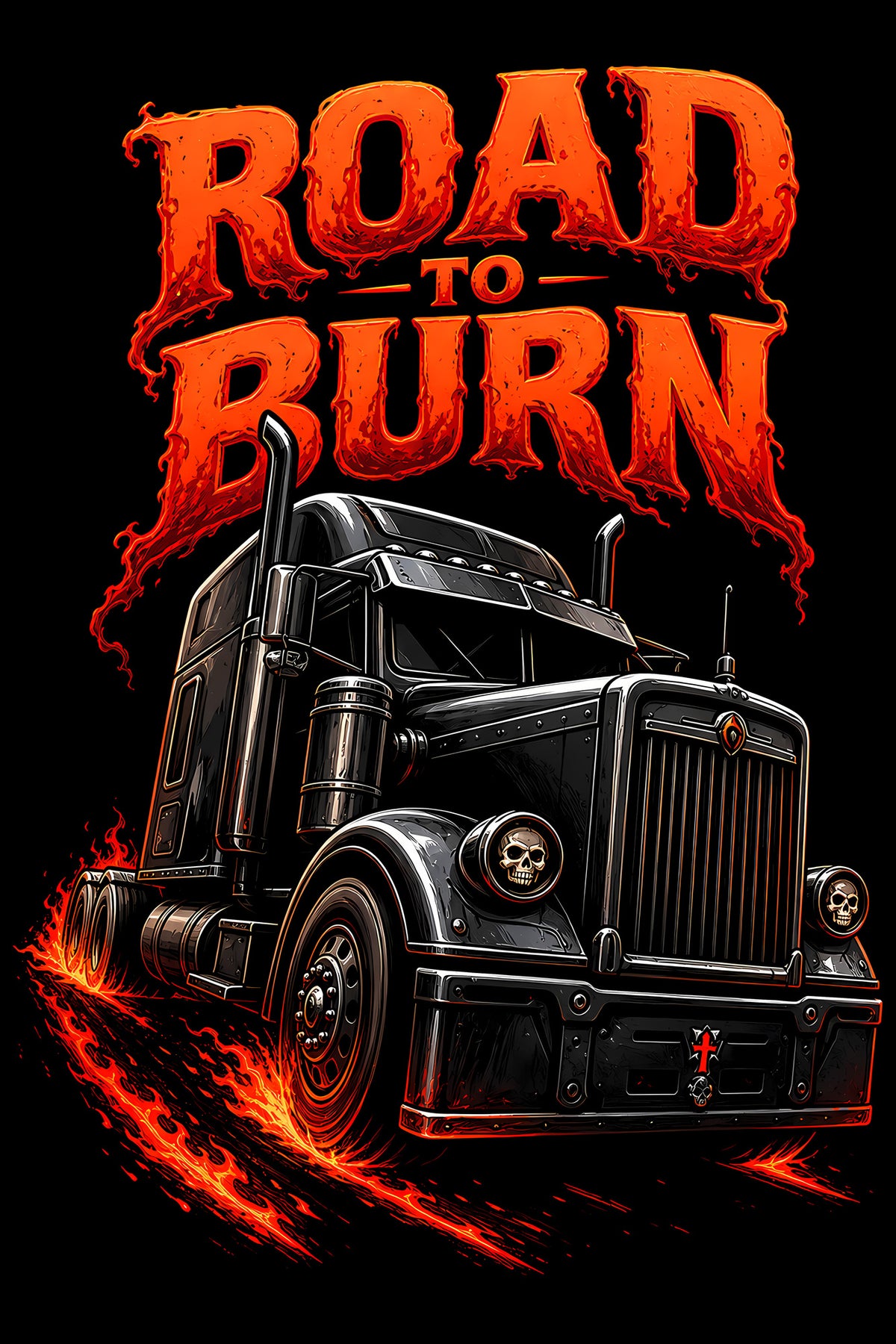 Road to Burn Semi Truck - Halftone DTF transfer - Prints best on darks