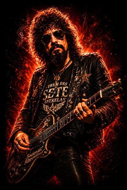 Rock Guitarist in Flames - Halftone DTF transfer - Prints best on darks