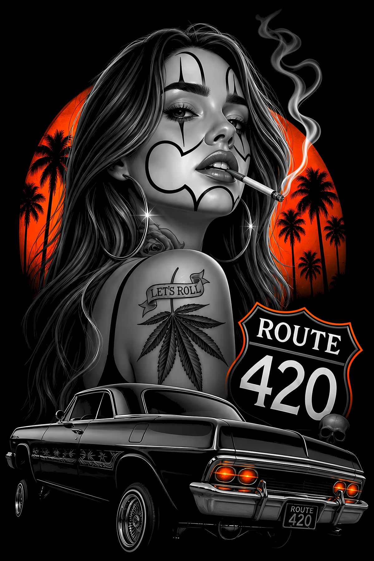 Route 420 Woman and Lowrider - Halftone DTF transfer - Prints best on darks