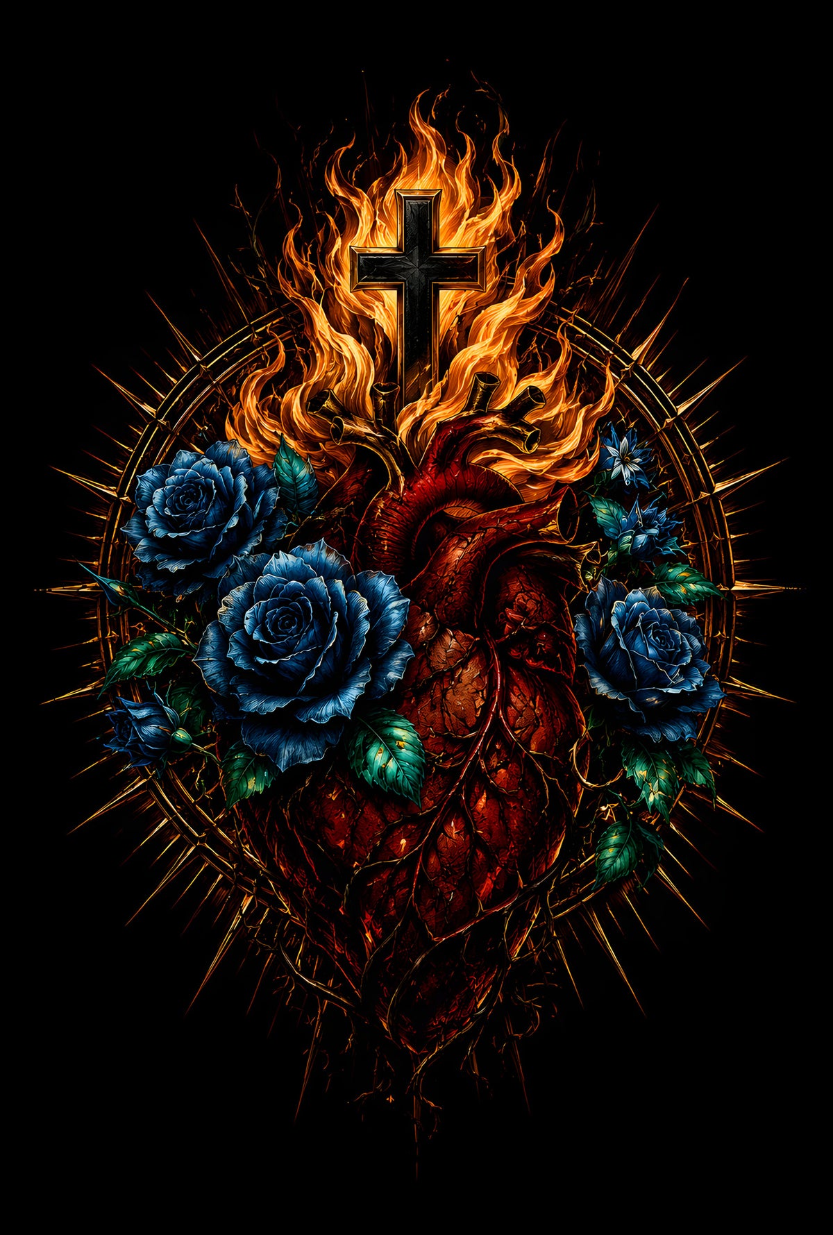 Sacred Heart Cross and Blue Roses - Halftone DTF transfer - Prints best on darks