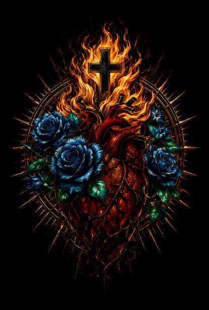 Sacred Heart Cross and Blue Roses - Halftone DTF transfer - Prints best on darks