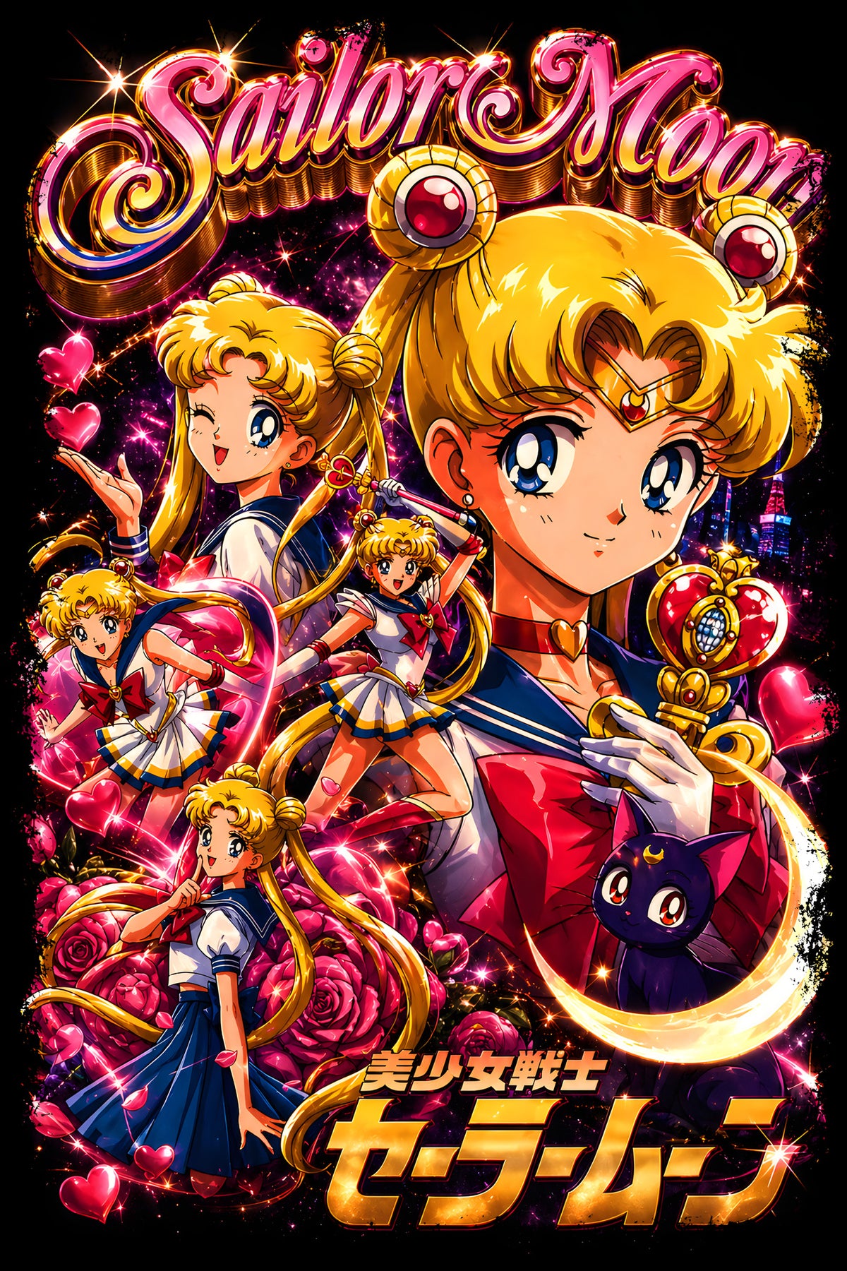 Sailor Moon Collage - Halftone DTF transfer - Prints best on darks