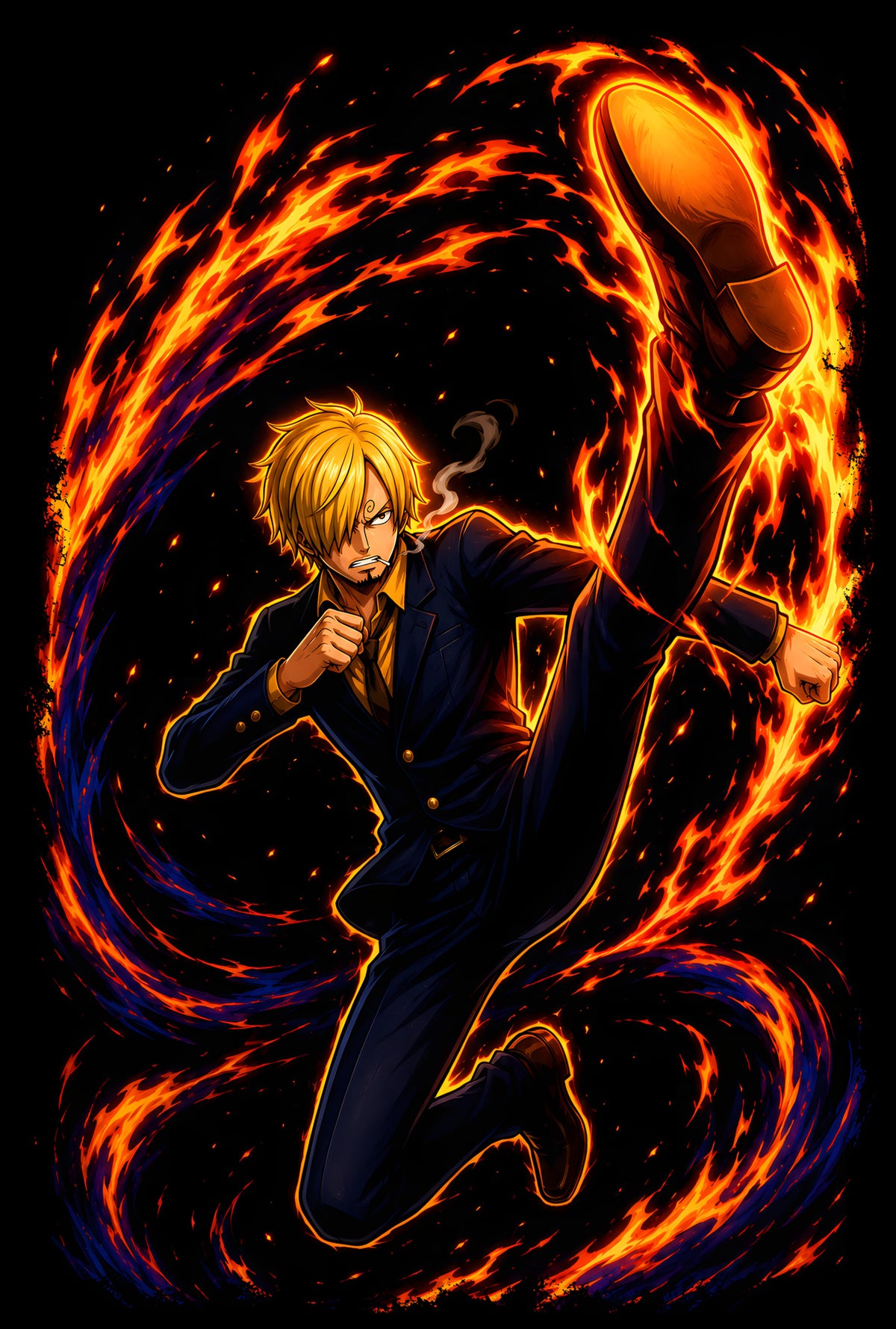 Sanji Flaming Kick - Halftone DTF transfer - Prints best on darks