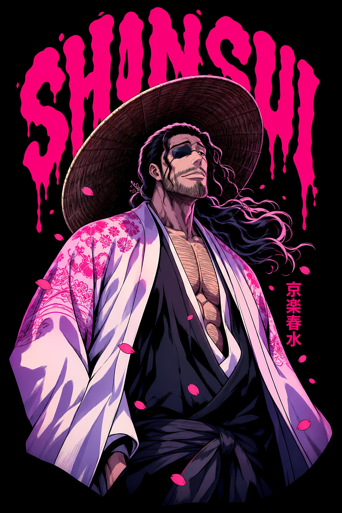 Shunsui Pink Anime Portrait - Halftone DTF transfer - Prints best on darks