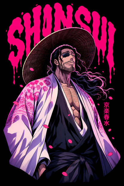 Shunsui Pink Anime Portrait - Halftone DTF transfer - Prints best on darks