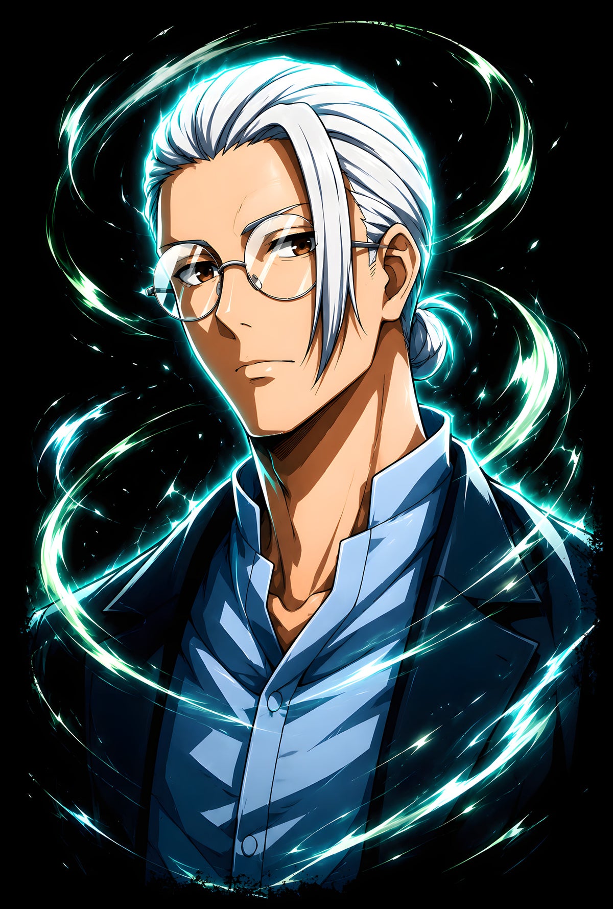 Silver-Haired Anime Man with Glasses - Halftone DTF transfer - Prints best on darks