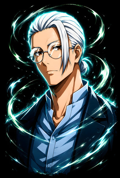 Silver-Haired Anime Man with Glasses - Halftone DTF transfer - Prints best on darks