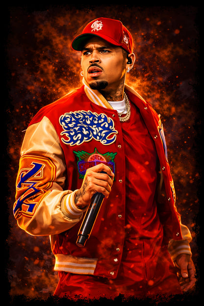 Singer in Red Varsity Jacket - Halftone DTF transfer - Prints best on darks