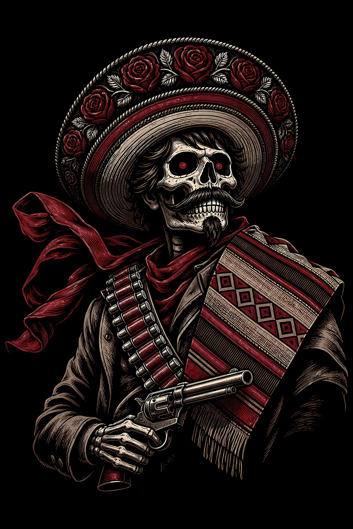 Skeleton Bandit in Sombrero - Halftone DTF transfer - Prints best on darks