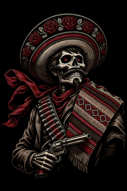 Skeleton Bandit in Sombrero - Halftone DTF transfer - Prints best on darks