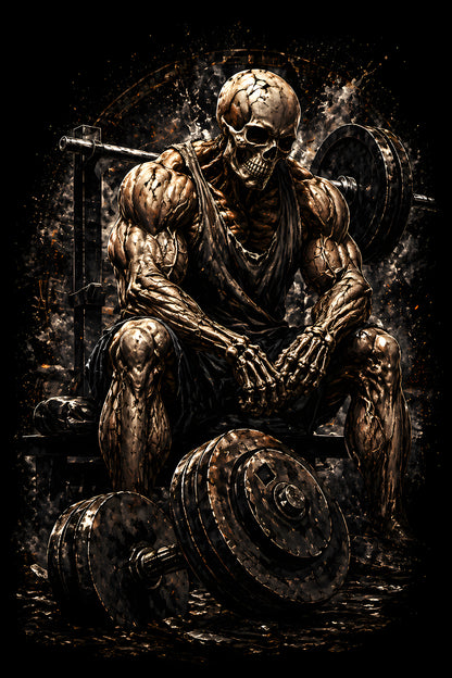Skeleton Bodybuilder Resting - Halftone DTF transfer - Prints best on darks