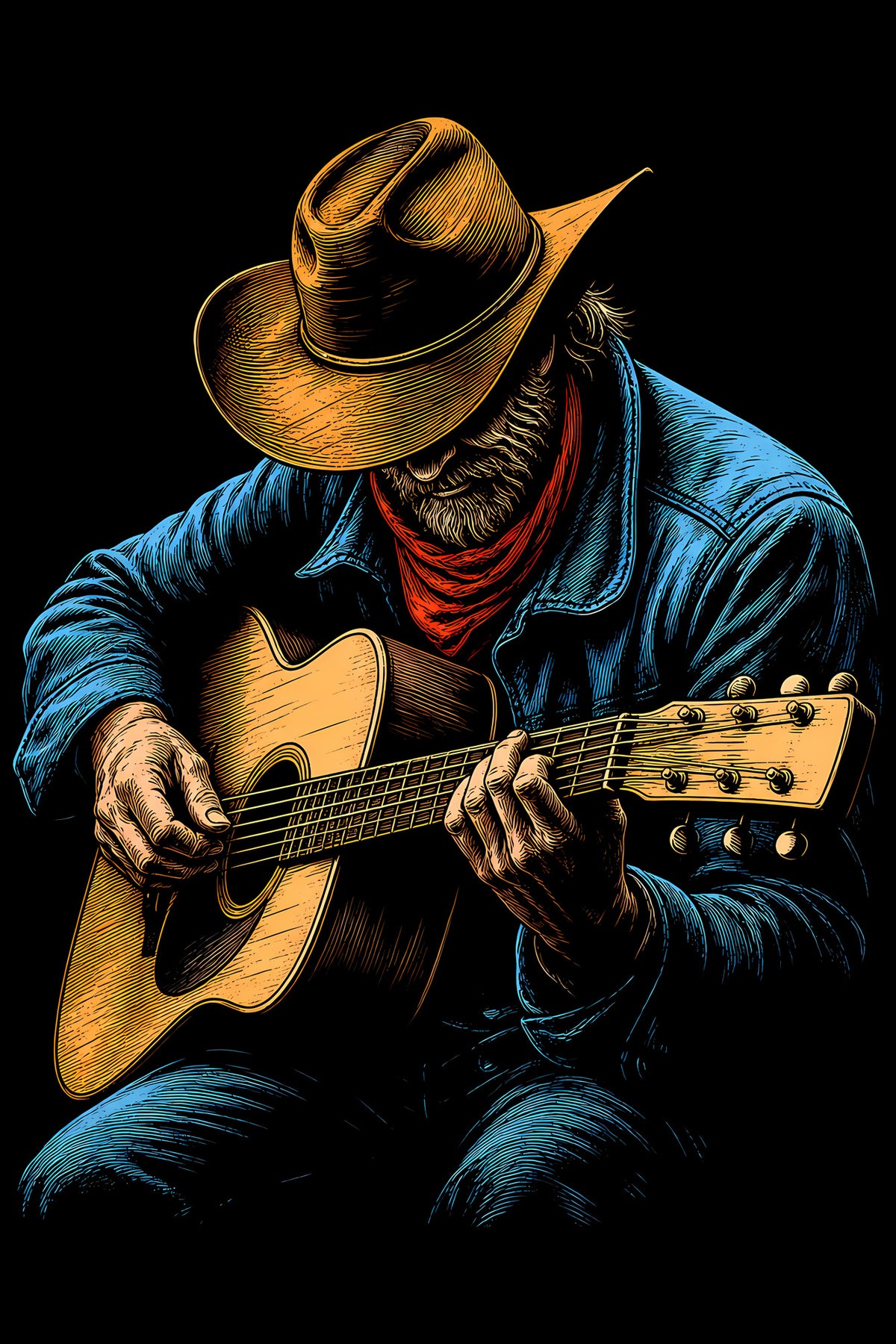 Skeleton Cowboy Playing Guitar - Halftone DTF transfer - Prints best on darks