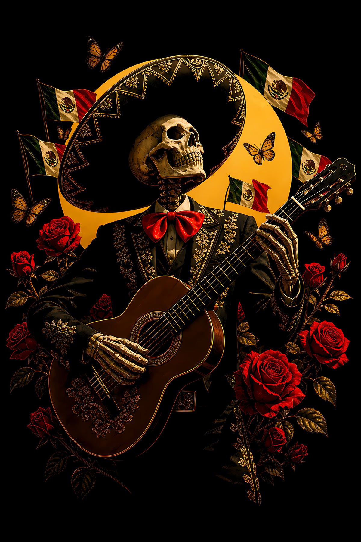 Skeleton Mariachi Guitarist - Halftone DTF transfer - Prints best on darks